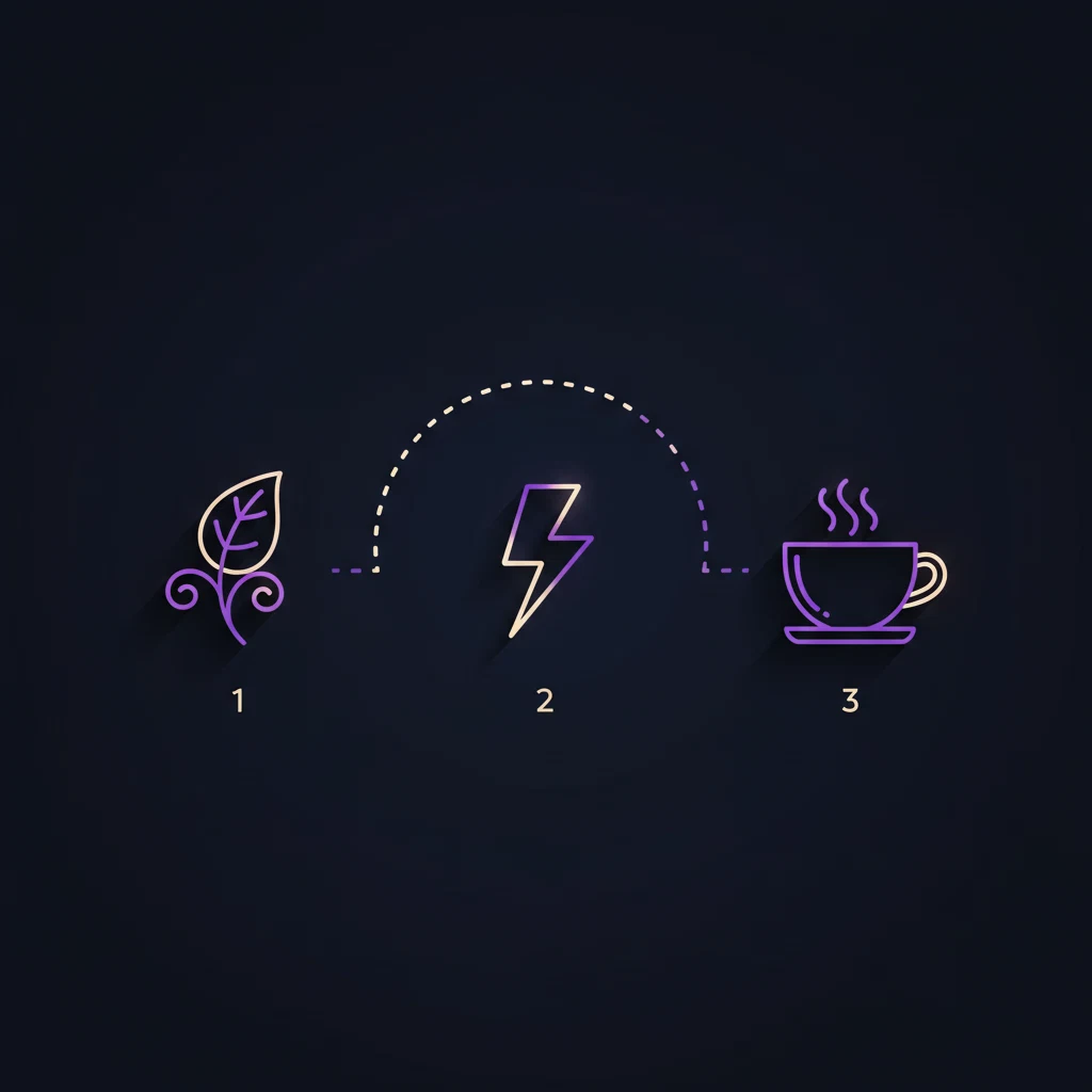 Three-step infographic: botanical leaf icon, energy lightning bolt icon, coffee cup icon connected by dotted arc